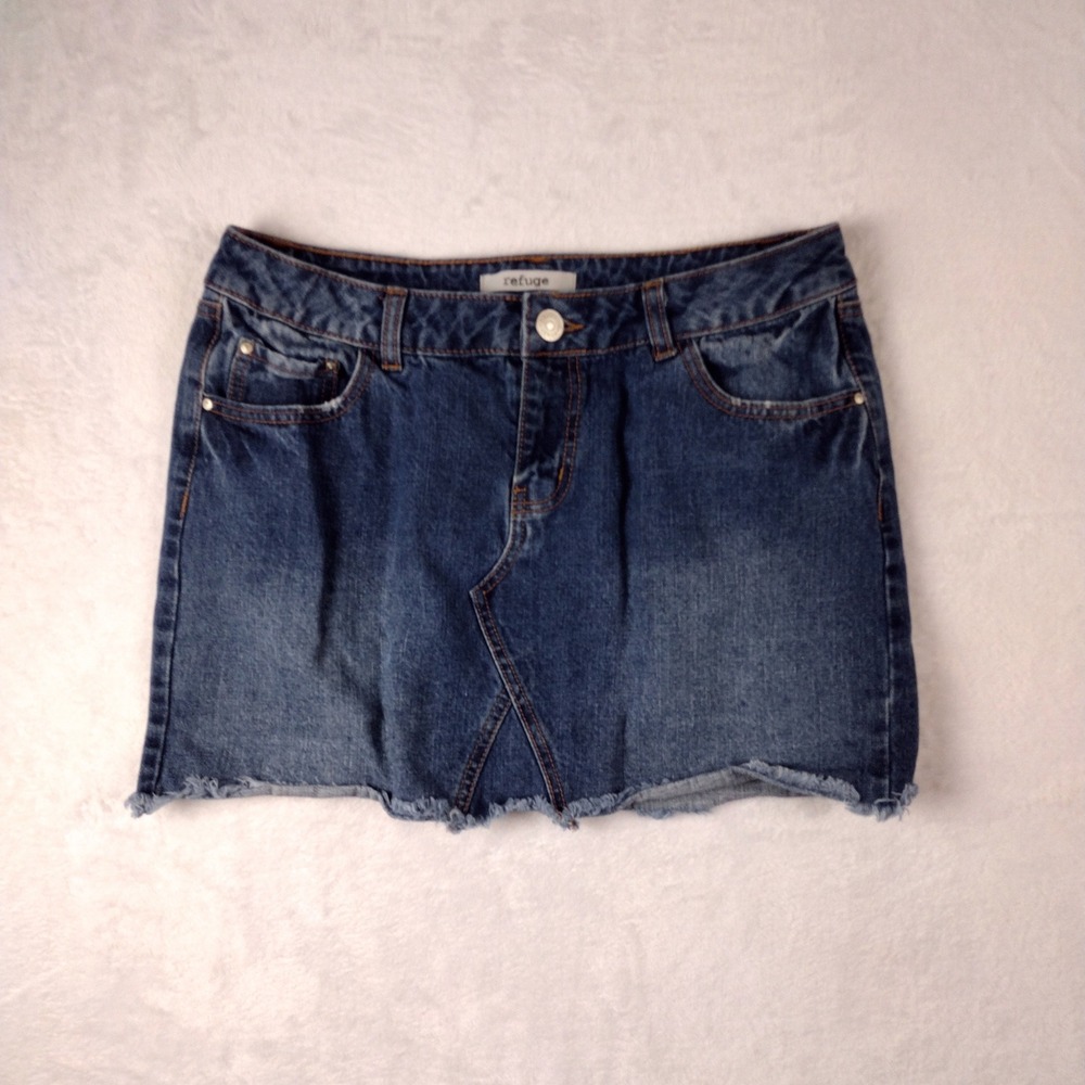 Refuge Womens Denim Mini Skirt Medium Wash Raw Hem 100% Cotton Size M